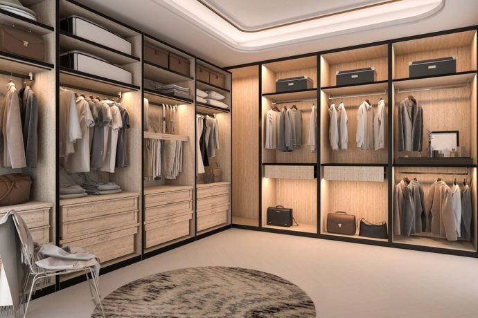 Luxury Walk-In Closet with Fluted Glass & Profile Lights
